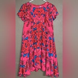 FREE PEOPLE Yara Red Pink Floral Ruffle Short Sleeve Dress Women’s XS